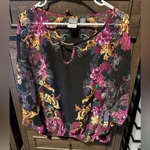 Covington Women's Batwing Vibrant Floral Blouse - Black, Purple, Yellow